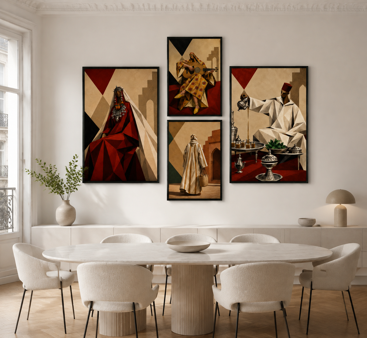 Composition Murale 1 - Géométrie Marocaine – 2x 80H60L cm + 2x 60H40L, Tableau en toile, Cadre Américain Noir