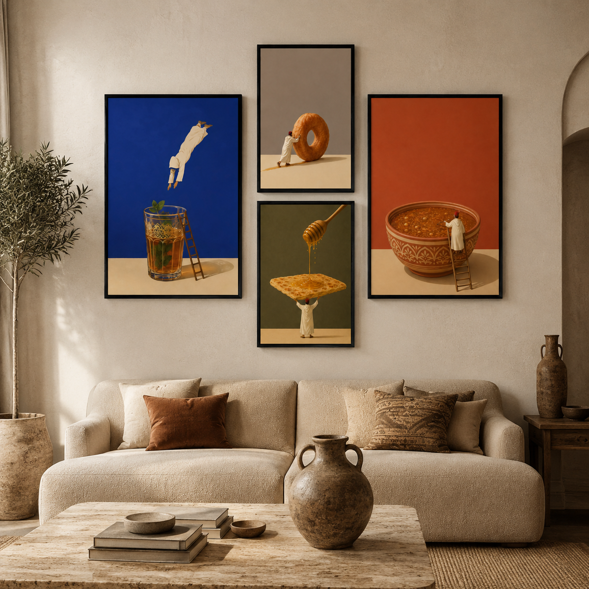 Composition Murale 1 - L'Art des Saveurs – 2x 80H60L cm + 2x 60H40L, Tableau en toile, Cadre Américain Noir