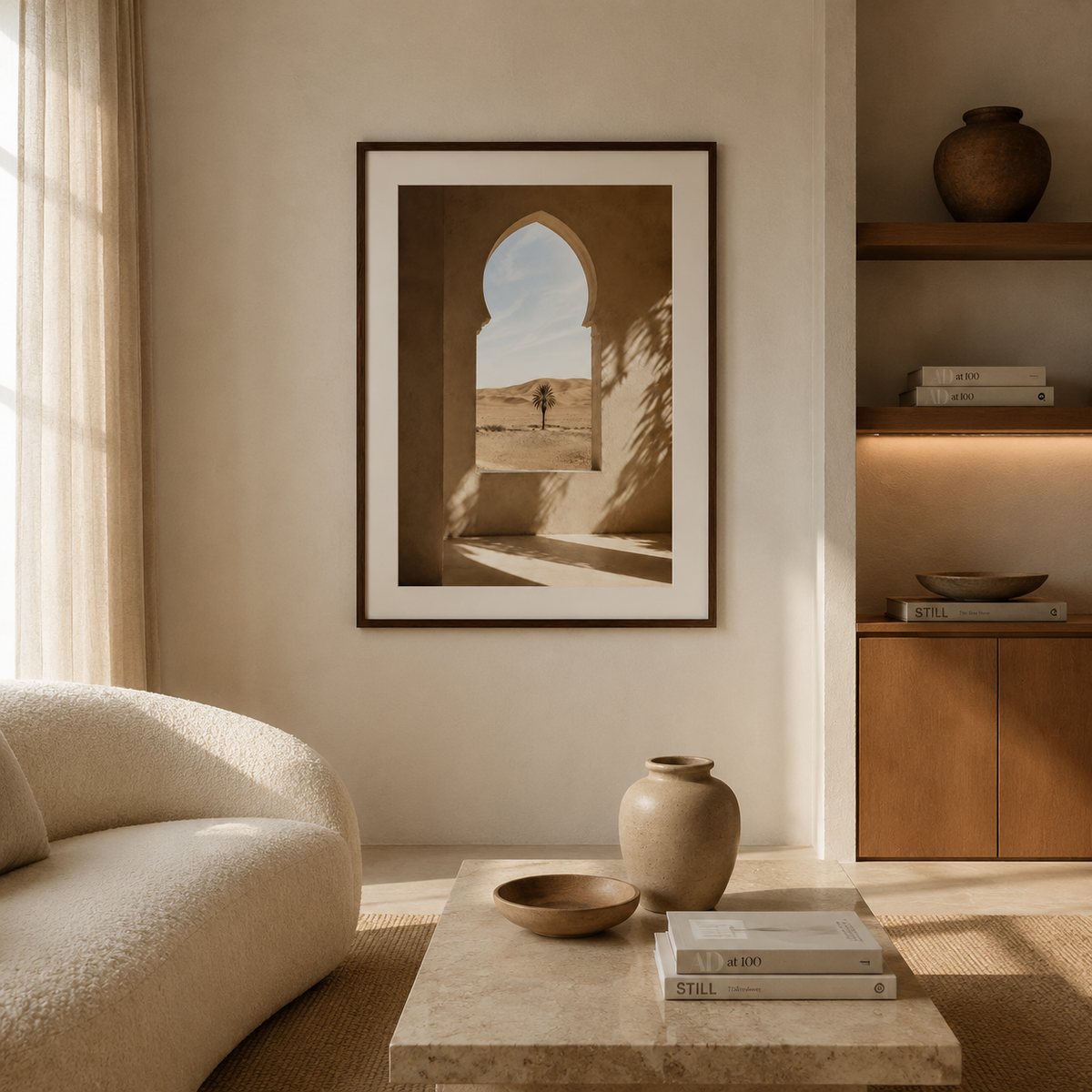 Tableau encadré Marocain – Alcôve Solaire – Tableau Encadré Premium, S : 30x20cm, Cadre Blanc Mat