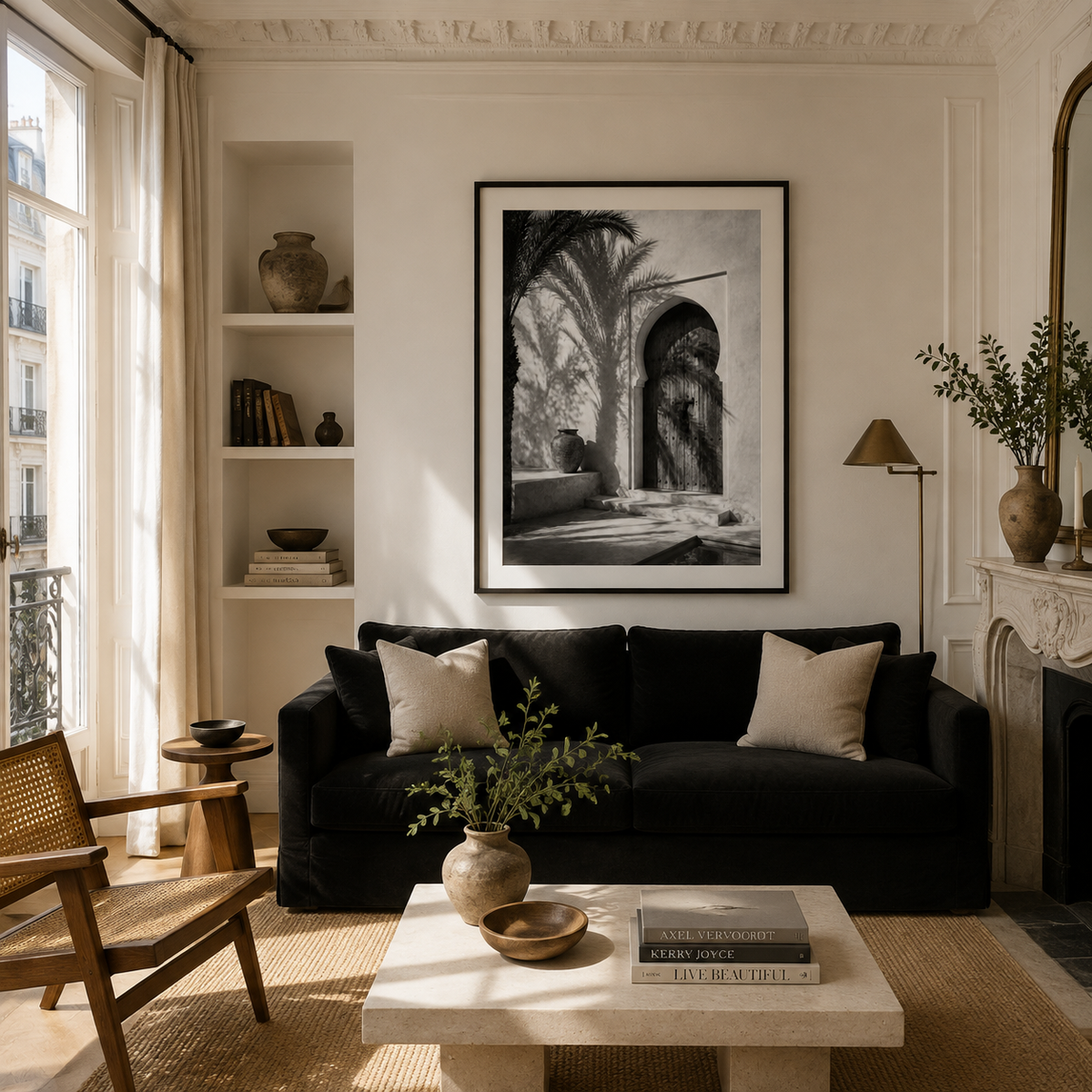 Tableau encadré Marocain Noir & Blanc – L'entrée du Riad – Tableau Encadré Premium, S : 30x20cm, Cadre Blanc Mat
