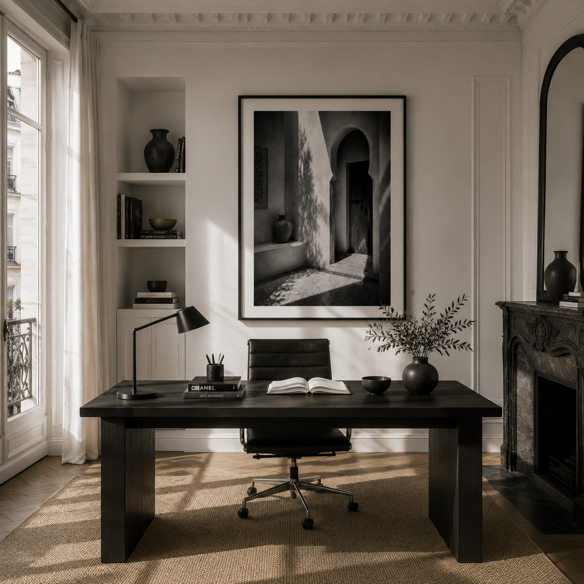 Tableau encadré Marocain Noir & Blanc – La cour – Tableau Encadré Premium, S : 30x20cm, Cadre Blanc Mat