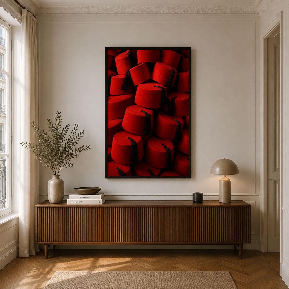 Tableau marocain – Tarbouchs rouges – XS : 30x20cm, Tableau en toile, Cadre Américain Noir