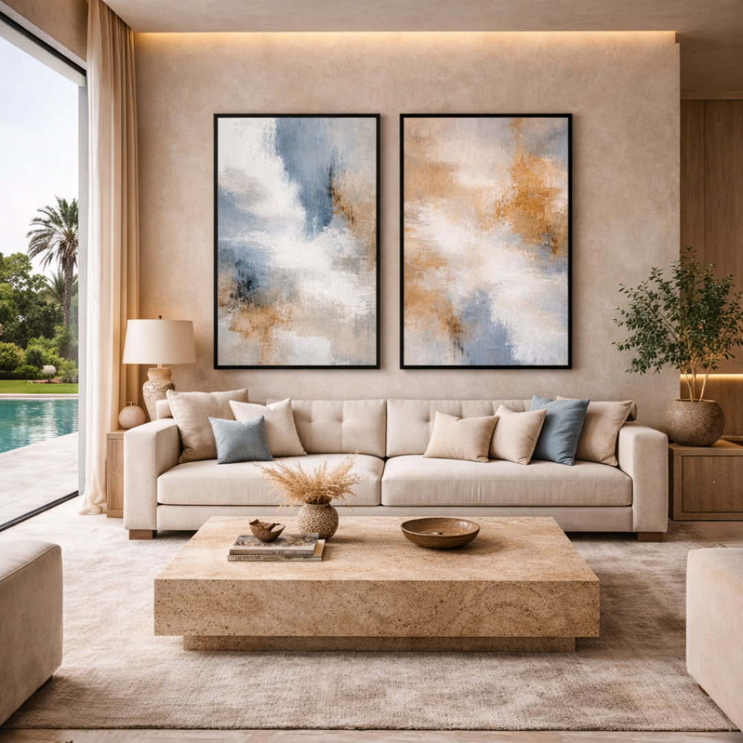 Moroccan Art Duo - Abstrait bleu & gold